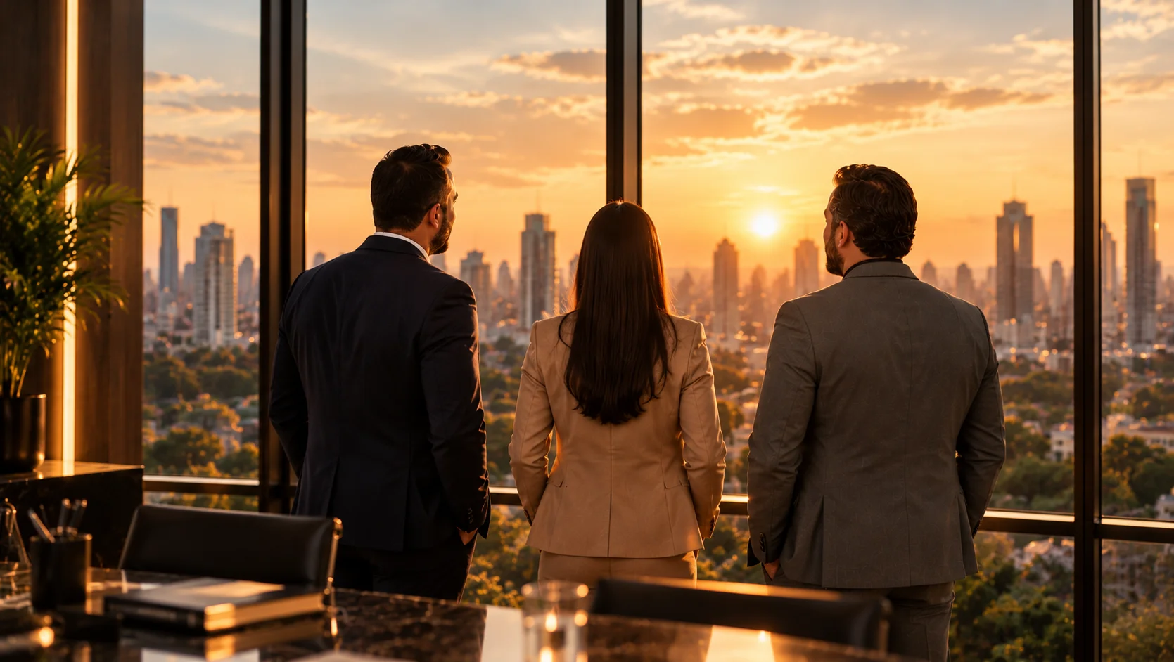 Três profissionais de costas contemplando a cidade ao pôr do sol